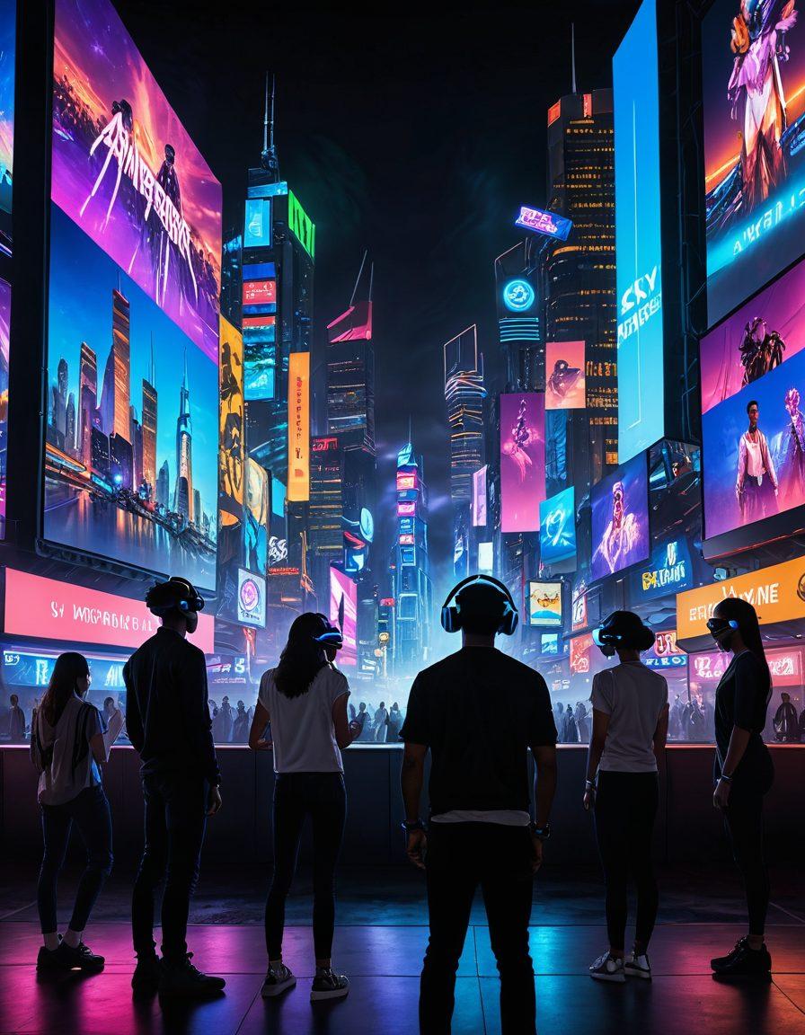 A futuristic city skyline illuminated by colorful screens showing various entertainment options like streaming movies, games, and virtual reality experiences. In the foreground, a diverse group of people wearing VR headsets and using smart devices, engaged in a lively discussion. The sky is filled with digital projections of iconic entertainment symbols. Bright neon colors enhance the dynamic atmosphere. cyberpunk. vibrant colors. 3D.