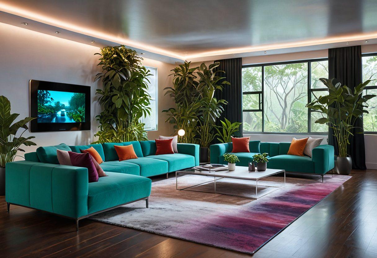 A futuristic living room with diverse people engaged in various streaming activities on sleek digital devices, holographic screens displaying vibrant content, cozy atmosphere with modern furniture, plants, and ambient lighting. super-realistic. vibrant colors. 3D.